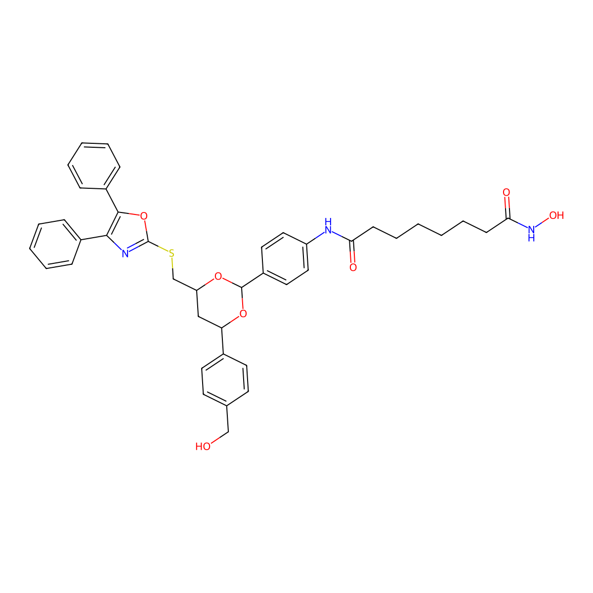 N-[4-[(2R,4R,6S)-4-[[(4,5-Diphenyl-2-oxazolyl)thio]methyl]-6-[4-(hydroxymethyl)phenyl]-1,3-dioxan-2-yl]phenyl]-N'-hydroxyoctanediamide molecular structure, CAS 1638768-62-3