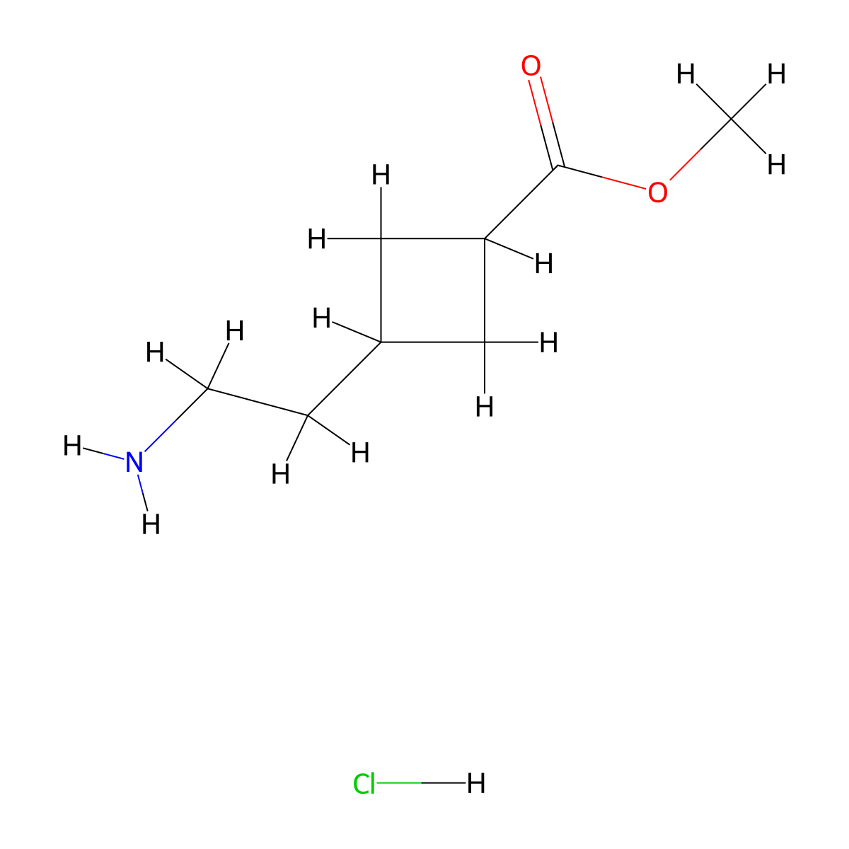 Methyl 3-(2-aminoethyl)cyclobutane-1-carboxylate hydrochloride molecular structure, CAS 1638771-20-6