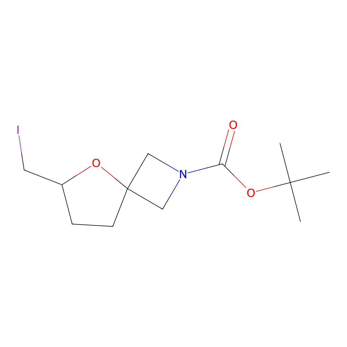 Tert-butyl 6-(iodomethyl)-5-oxa-2-azaspiro(3.4)octane-2-carboxylate molecular structure, CAS 1638771-46-6