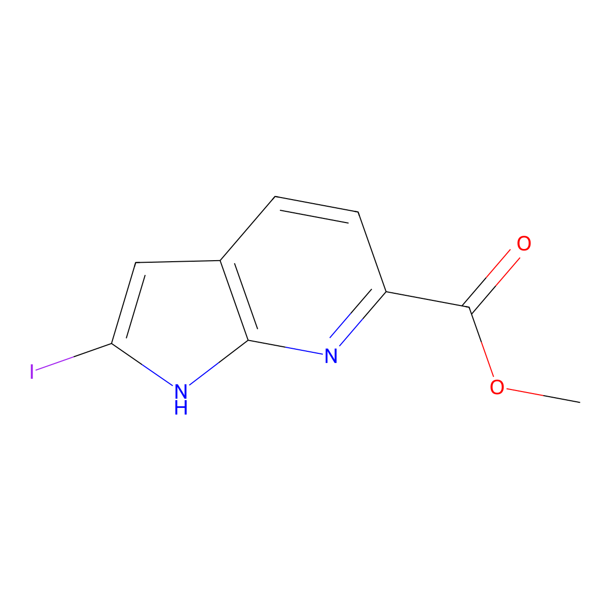 methyl 2-iodo-1H-pyrrolo[2,3-b]pyridine-6-carboxylate molecular structure, CAS 1638771-58-0