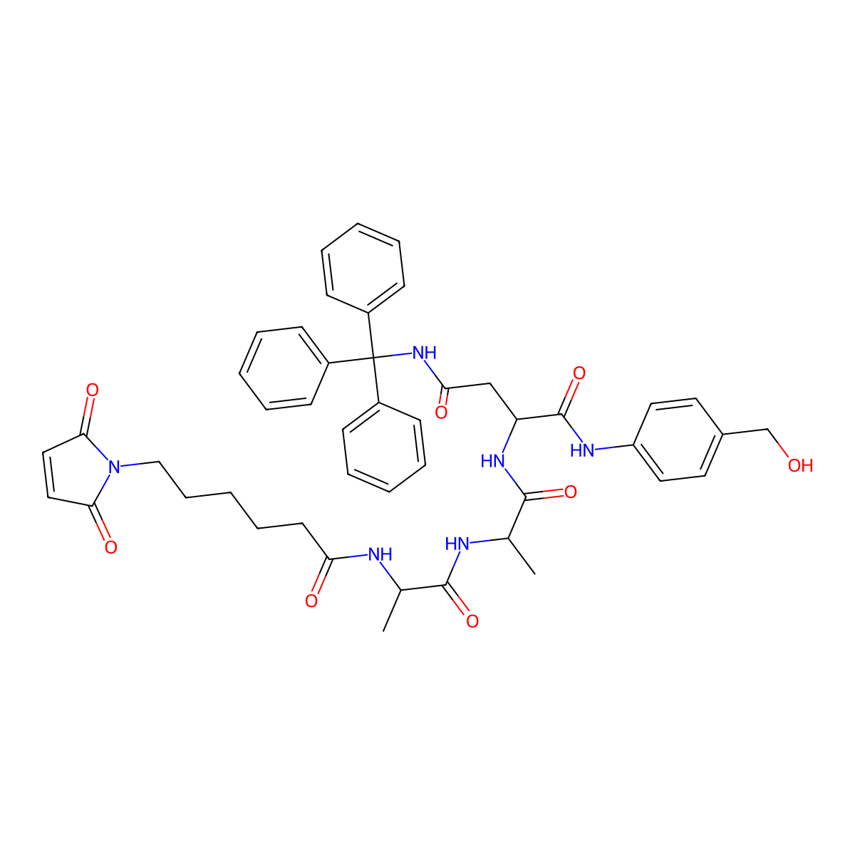 (S)-2-((S)-2-((S)-2-(6-(2,5-Dioxo-2,5-dihydro-1H-pyrrol-1-yl)hexanamido)propanamido)propanamido)-N1-(4-(hydroxymethyl)phenyl)-N4-tritylsuccinamide molecular structure, CAS 1638970-43-0