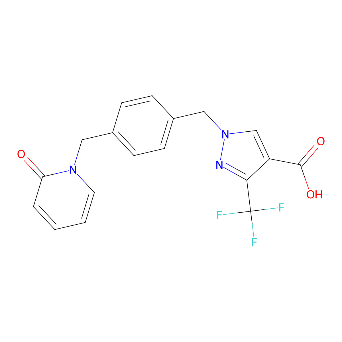 1-({4-[(2-Oxopyridin-1-yl)methyl]phenyl}methyl)-3-(trifluoromethyl)pyrazole-4-carboxylic acid molecular structure, CAS 1638983-14-8