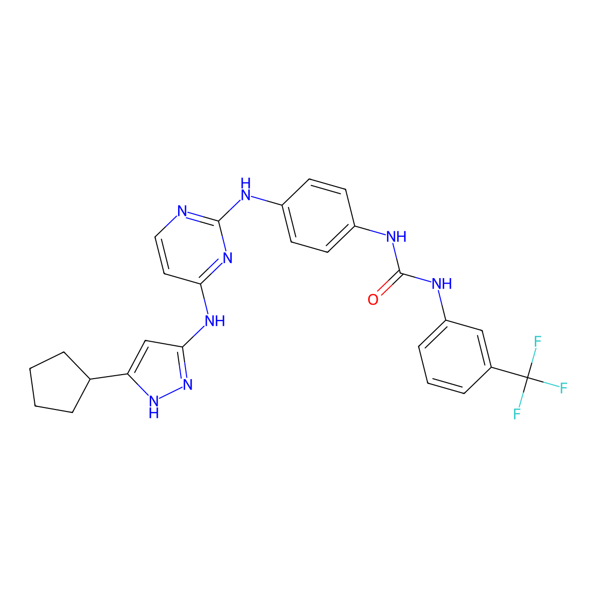 1-[4-({4-[(5-cyclopentyl-1H-pyrazol-3-yl)imino]-1,4-dihydropyrimidin-2-yl}amino)phenyl]-3-[3-(trifluoromethyl)phenyl]urea molecular structure, CAS 1639009-81-6