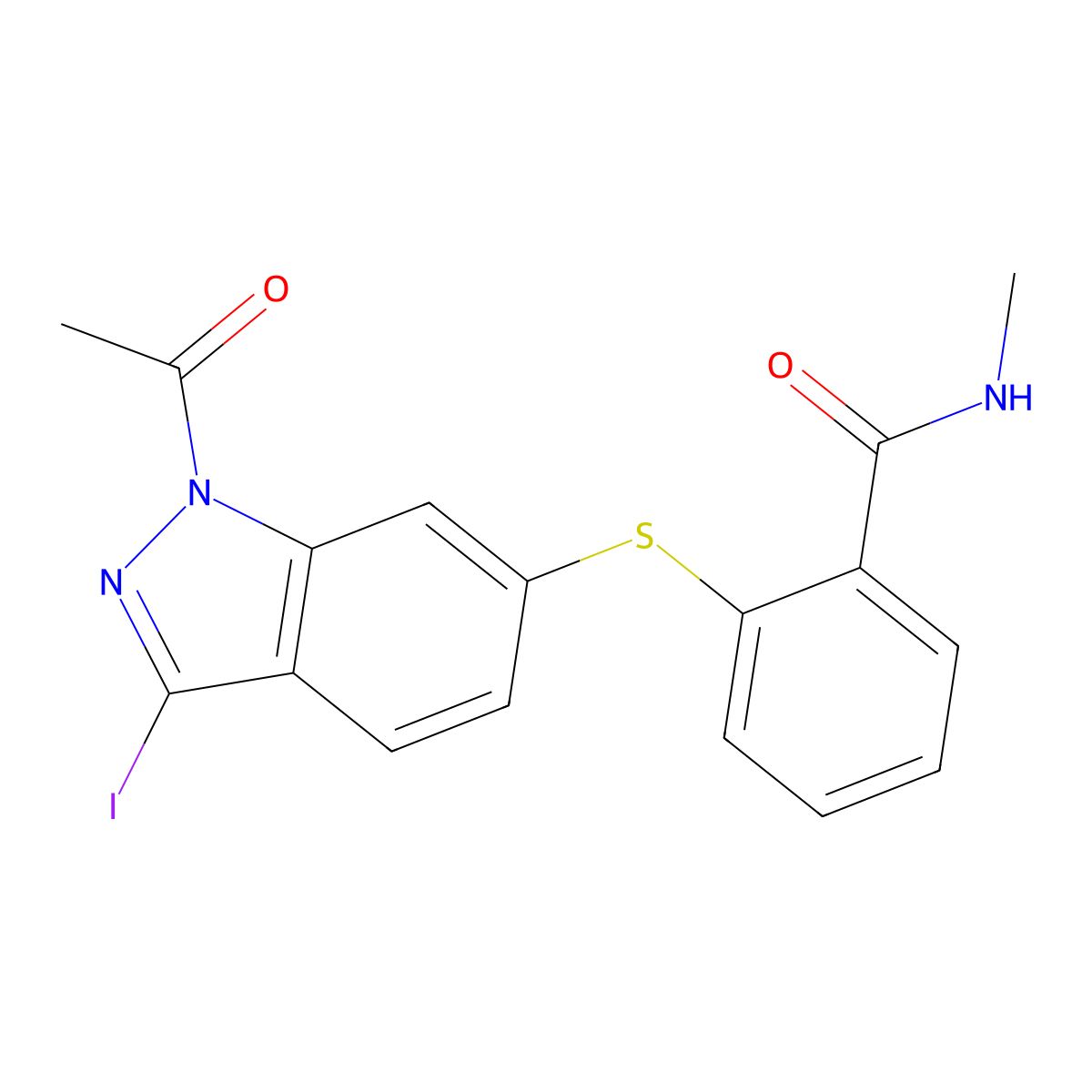 2-((1-Acetyl-3-iodo-1H-indazol-6-yl)thio)-N-methylbenzamide (Axitinib Impurity) molecular structure, CAS 1639138-00-3