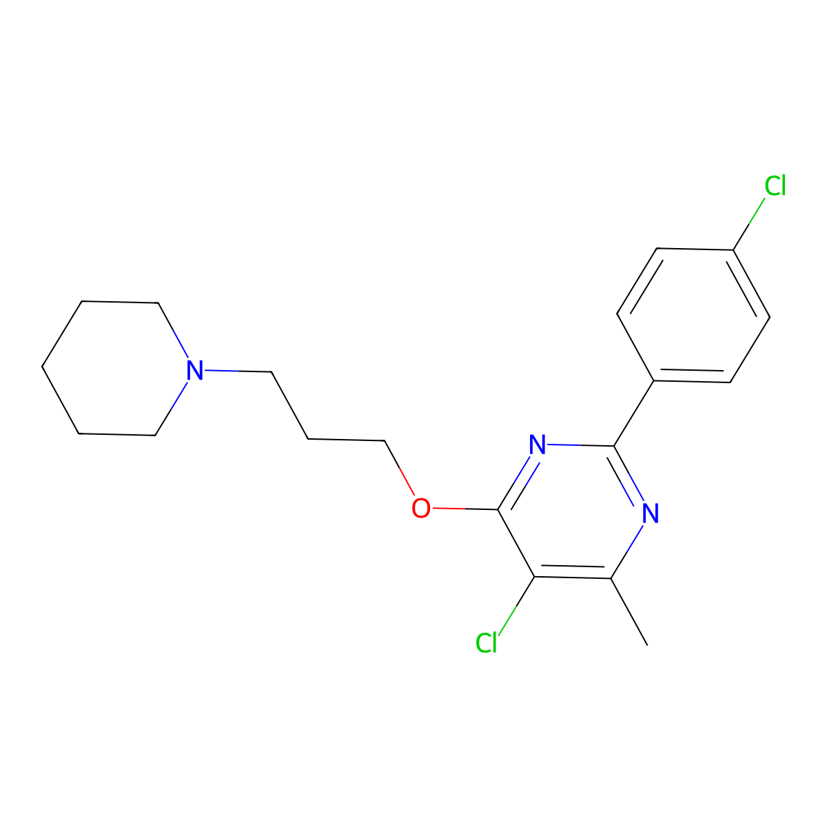 5-Chloro-2-(4-chlorophenyl)-4-methyl-6-(3-(piperidin-1-yl)propoxy)pyrimidine molecular structure, CAS 1639220-19-1
