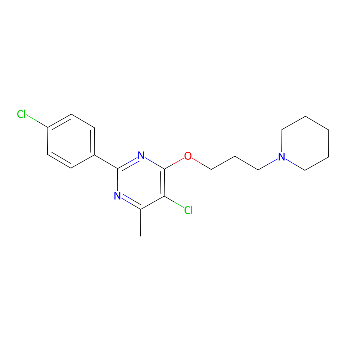 5-Chloro-2-(4-chlorophenyl)-4-methyl-6-(3-(piperidin-1-yl)propoxy)pyrimidine molecular structure, CAS 1639220-19-1