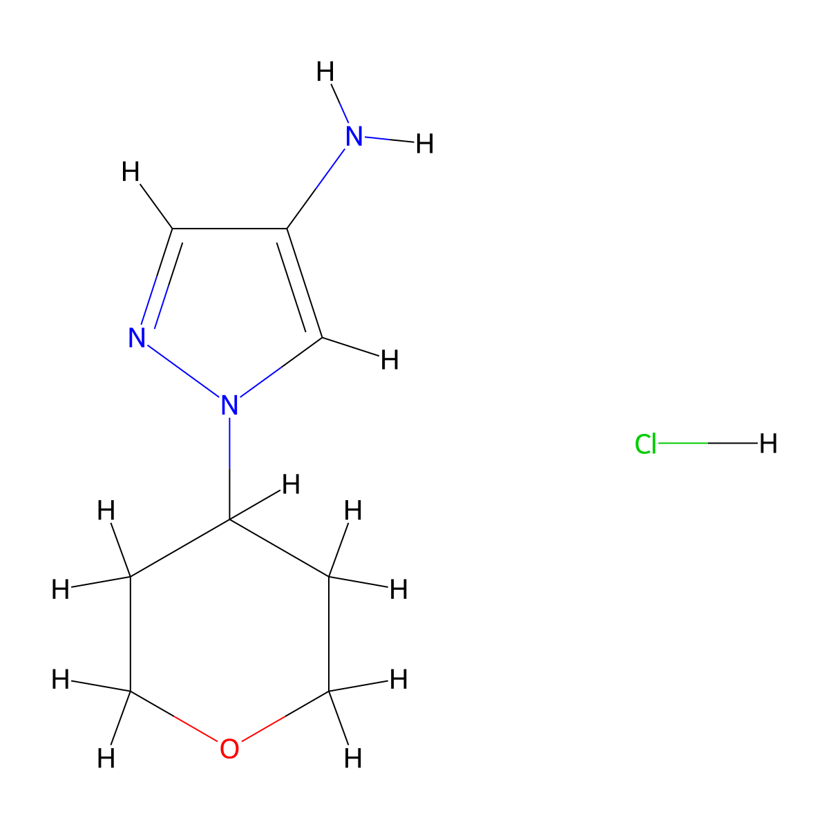 1-(oxan-4-yl)-1H-pyrazol-4-amine hydrochloride molecular structure, CAS 1639350-46-1