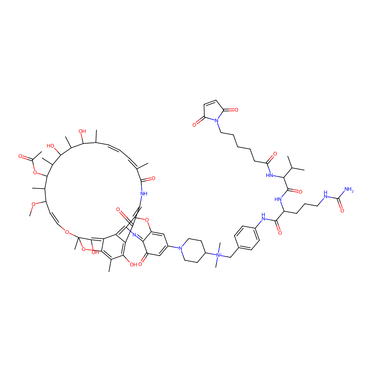 [1-[(7S,9Z,11S,12R,13S,14R,15R,16R,17S,18S,19Z,21Z)-13-acetyloxy-2,6,15,17-tetrahydroxy-11-methoxy-3,7,12,14,16,18,22-heptamethyl-23,32,37-trioxo-8,27,38-trioxa-24,34-diazahexacyclo[23.11.1.14,7.05,36.026,35.028,33]octatriaconta-1,3,5,9,19,21,25,28,30,33,35-undecaen-30-yl]piperidin-4-yl]-[[4-[[(2S)-5-(carbamoylamino)-2-[[(2S)-2-[6-(2,5-dioxopyrrol-1-yl)hexanoylamino]-3-methylbutanoyl]amino]pentanoyl]amino]phenyl]methyl]-dimethylazanium molecular structure, CAS 1639352-06-9