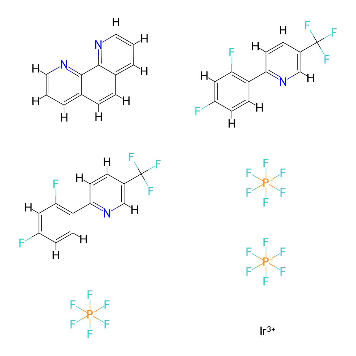 Bis [2- (2,4-difluorophenyl) -5-trifluoromethylpyridine] [1,10-phenanthroline] iridium hexafluorophosphate molecular structure, CAS 1639408-64-2