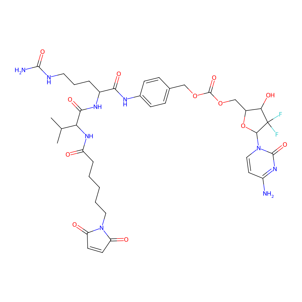 [(2R,4R,5R)-2-(4-amino-2-oxopyrimidin-1-yl)-3,3-difluoro-4-hydroxytetrahydro-5-furyl]methyl {[(4-{[(2S,5S)-2-{3-[(aminocarbonyl)amino]propyl}-12-(2,5-dioxo-2,5-dihydro-1H-pyrrol-1-yl)-1,4,7-trioxo-5-( molecular structure, CAS 1639430-82-2