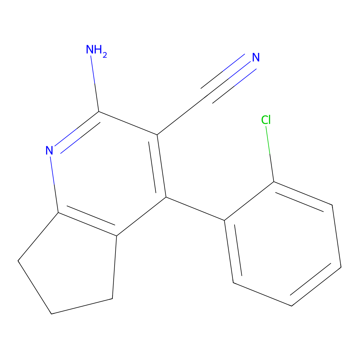 2-amino-4-(2-chlorophenyl)-6,7-dihydro-5H-cyclopenta[b]pyridine-3-carbonitrile molecular structure, CAS 163978-34-5
