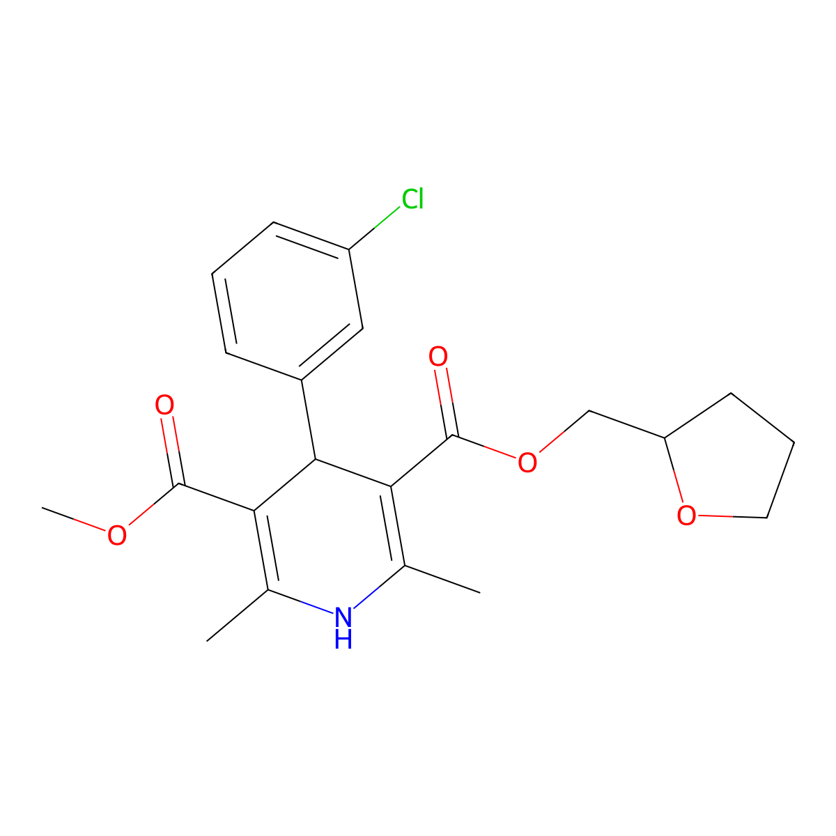 3-Methyl 5-((tetrahydrofuran-2-yl)methyl) 4-(3-chlorophenyl)-2,6-dimethyl-1,4-dihydropyridine-3,5-dicarboxylate molecular structure, CAS 163979-48-4
