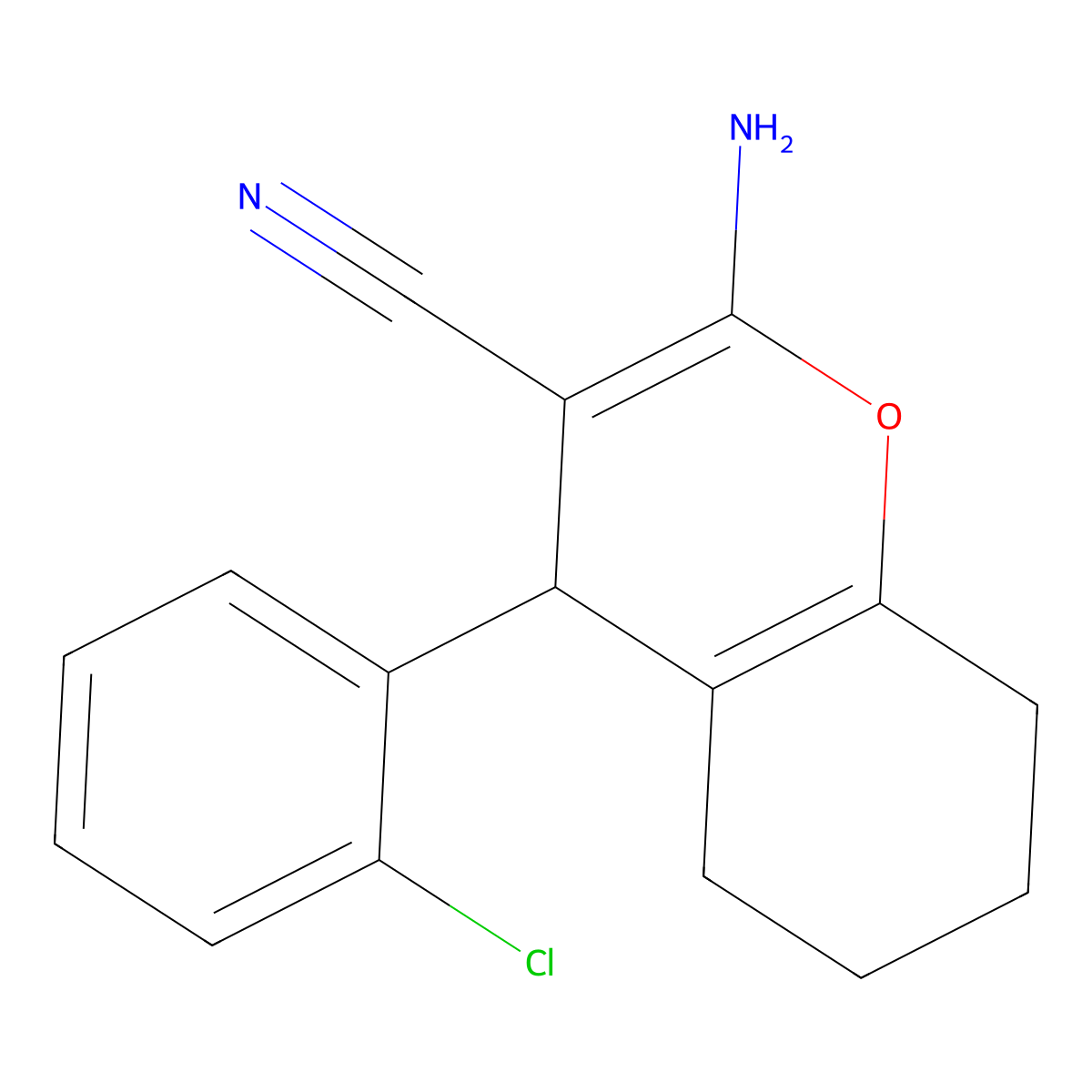 2-amino-4-(2-chlorophenyl)-5,6,7,8-tetrahydro-4H-chromene-3-carbonitrile molecular structure, CAS 164026-54-4