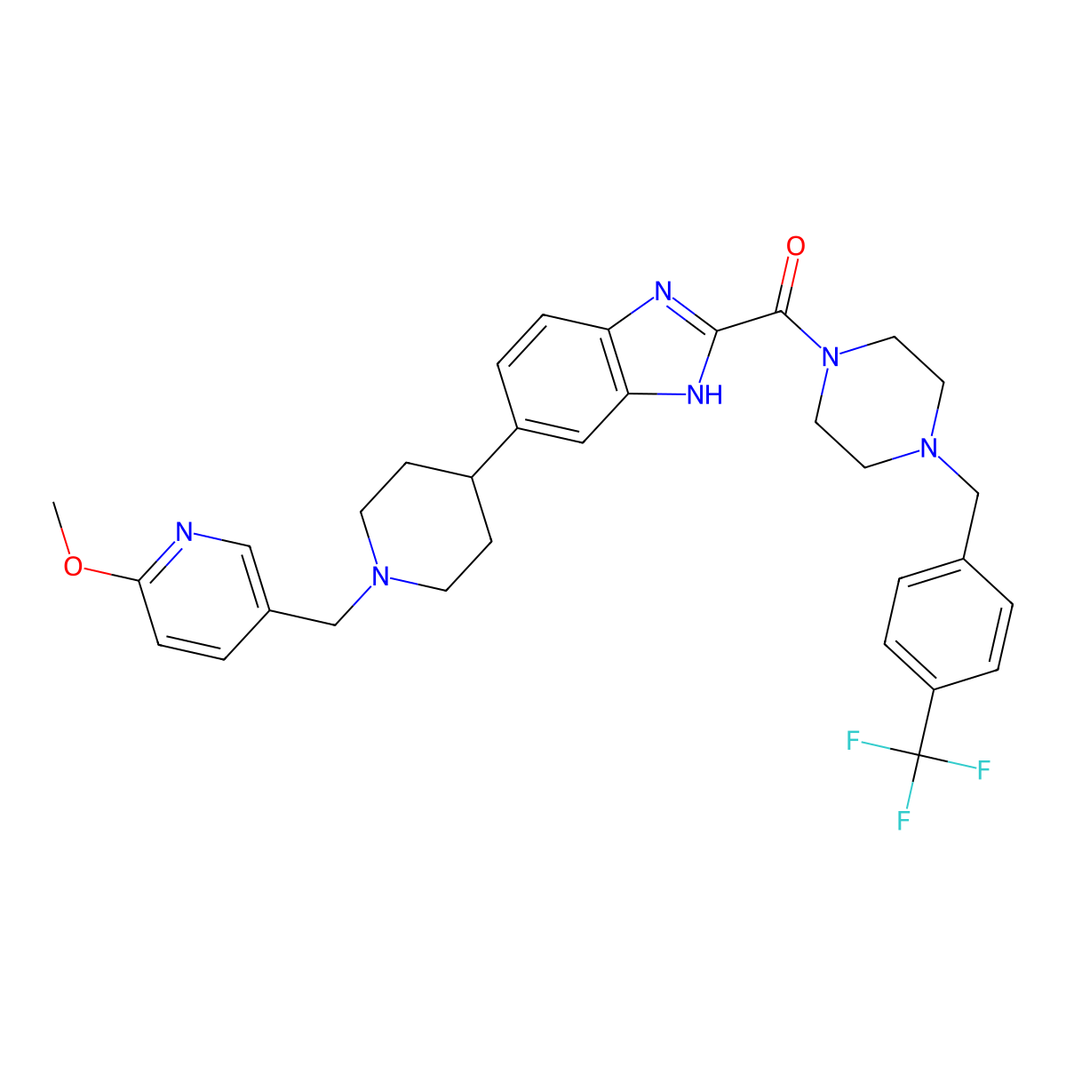 (6-(1-((6-Methoxypyridin-3-yl)methyl)piperidin-4-yl)-1H-benzo[d]imidazol-2-yl)(4-(4-(trifluoromethyl)benzyl)piperazin-1-yl)methanone molecular structure, CAS 1640294-29-6