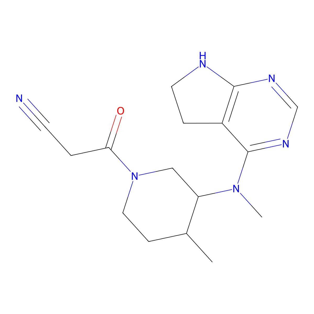 3-((3R,4R)-3-((6,7-dihydro-5H-pyrrolo[2,3-d]pyrimidin-4-yl)(methyl)amino)-4-methylpiperidin-1-yl)-3-oxopropanenitrile molecular structure, CAS 1640972-35-5