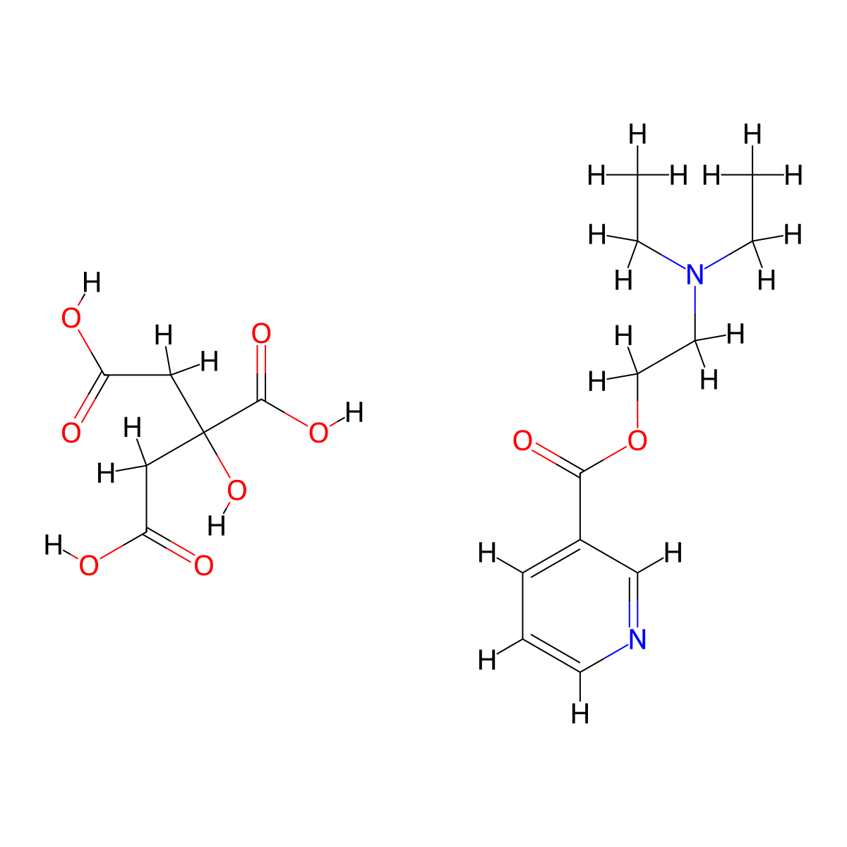 3-Pyridinecarboxylic acid, 2-(diethylamino)ethyl ester, 2-hydroxy-1,2,3-propanetricarboxylate (1:1) molecular structure, CAS 1641-74-3