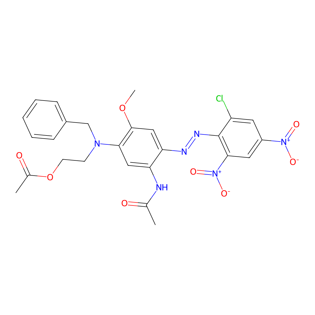 Acetamide, N-(5-((2-(acetyloxy)ethyl)(phenylmethyl)amino)-2-(2-(2-chloro-4,6-dinitrophenyl)diazenyl)-4-methoxyphenyl)- molecular structure, CAS 16421-40-2