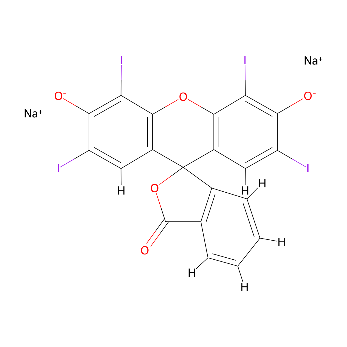 Spiro[isobenzofuran-1(3H),9'-[9H]xanthen]-3-one, 3',6'-dihydroxy-2',4',5',7'-tetraiodo-, sodium salt (1:2) molecular structure, CAS 16423-68-0