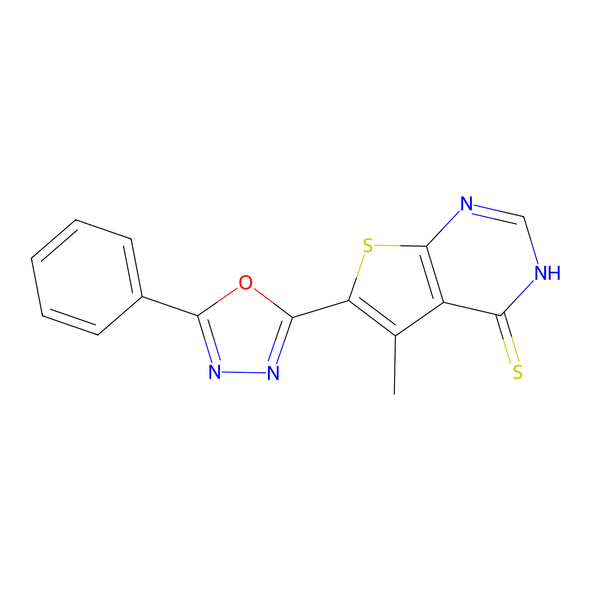 5-Methyl-6-(5-phenyl-1,3,4-oxadiazol-2-yl)thieno[2,3-d]pyrimidine-4-thiol molecular structure, CAS 1642341-99-8