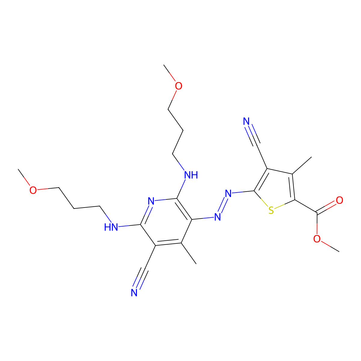 Methyl 4-cyano-5-(2-(5-cyano-2,6-bis((3-methoxypropyl)amino)-4-methyl-3-pyridinyl)diazenyl)-3-methyl-2-thiophenecarboxylate molecular structure, CAS 164251-88-1