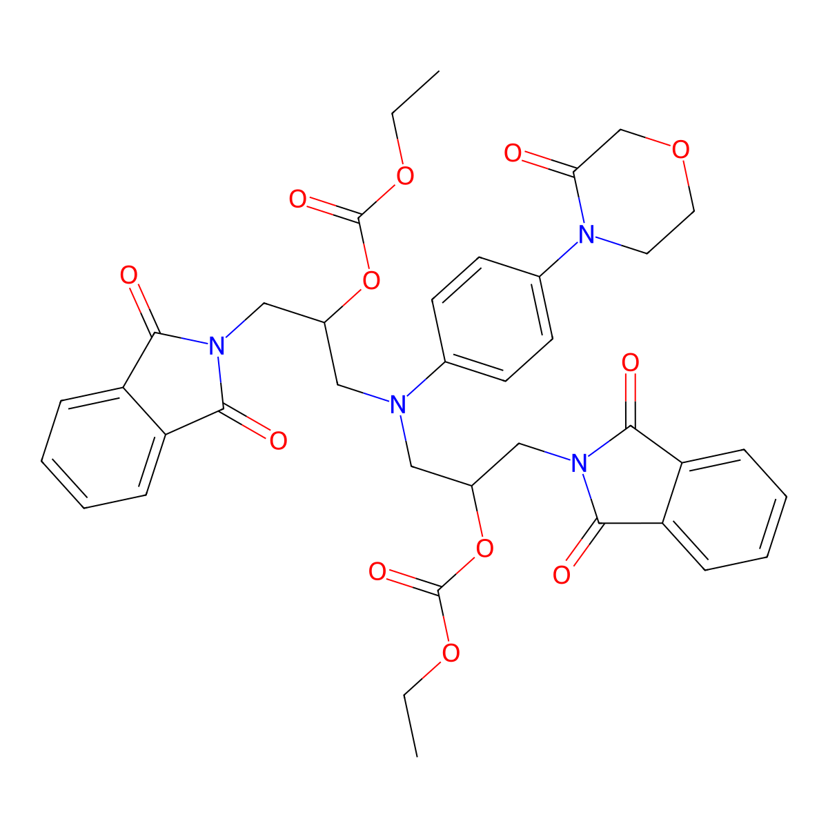 Diethyl (((4-(3-Oxomorpholino)phenyl)azanediyl)bis(1-(1,3-dioxoisoindolin-2-yl)propane-3,2-diyl)) dicarbonate molecular structure, CAS 1642601-00-0