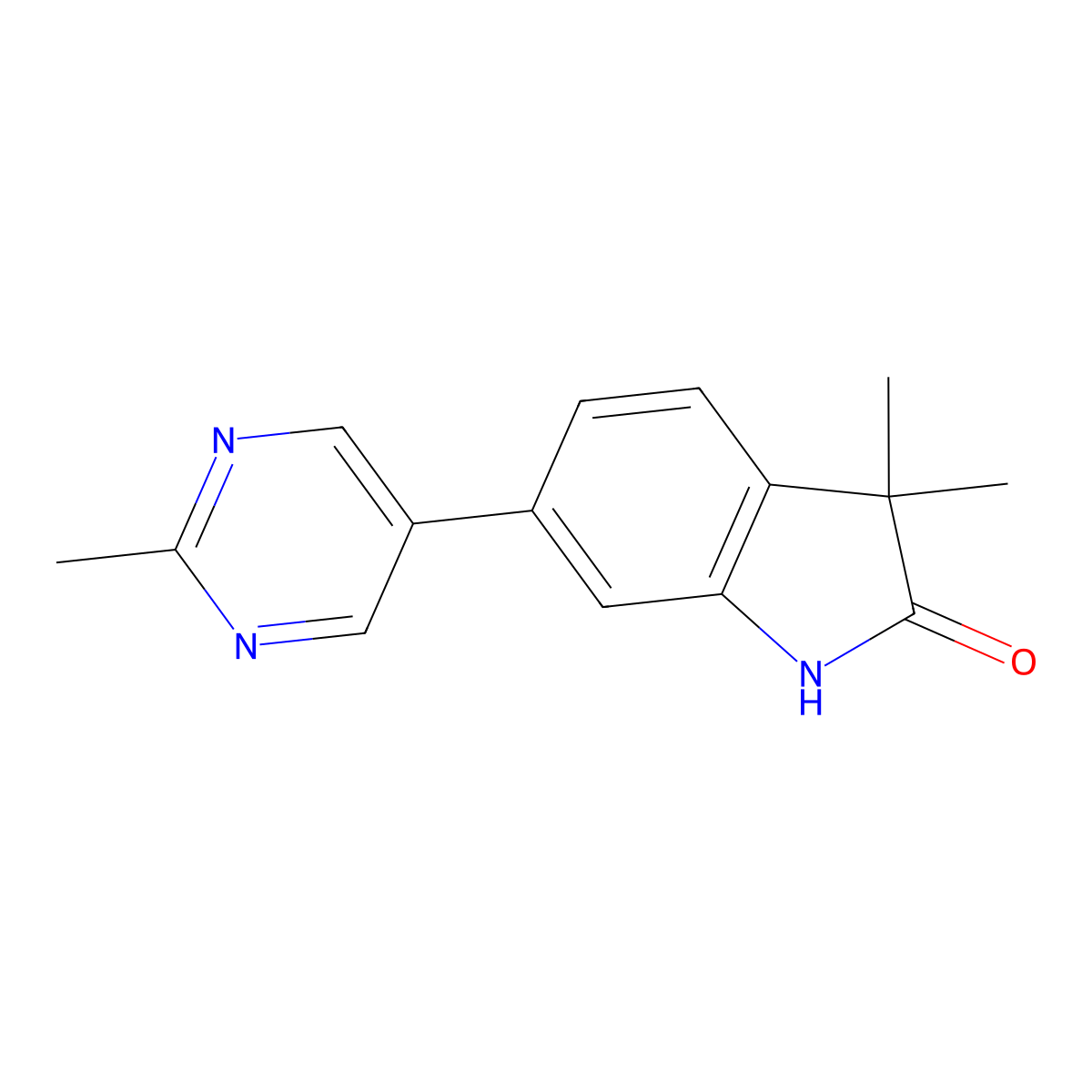 3,3-Dimethyl-6-(2-methylpyrimidin-5-yl)indolin-2-one molecular structure, CAS 1642799-70-9