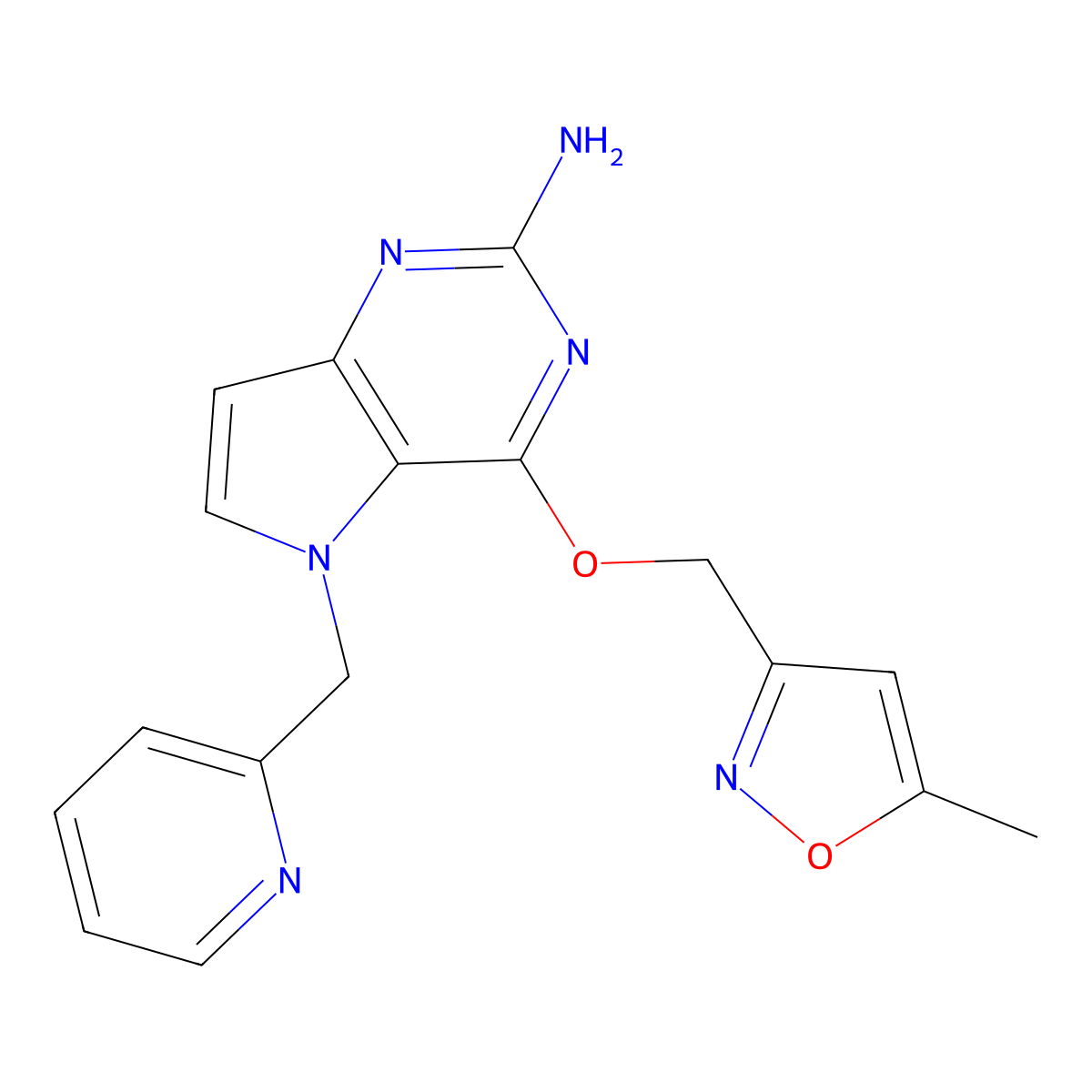 4-((5-methylisoxazol-3-yl)methoxy)-5-(pyridin-2-ylmethyl)-5H-pyrrolo(3,2-d)pyrimidin-2-amine molecular structure, CAS 1642857-69-9