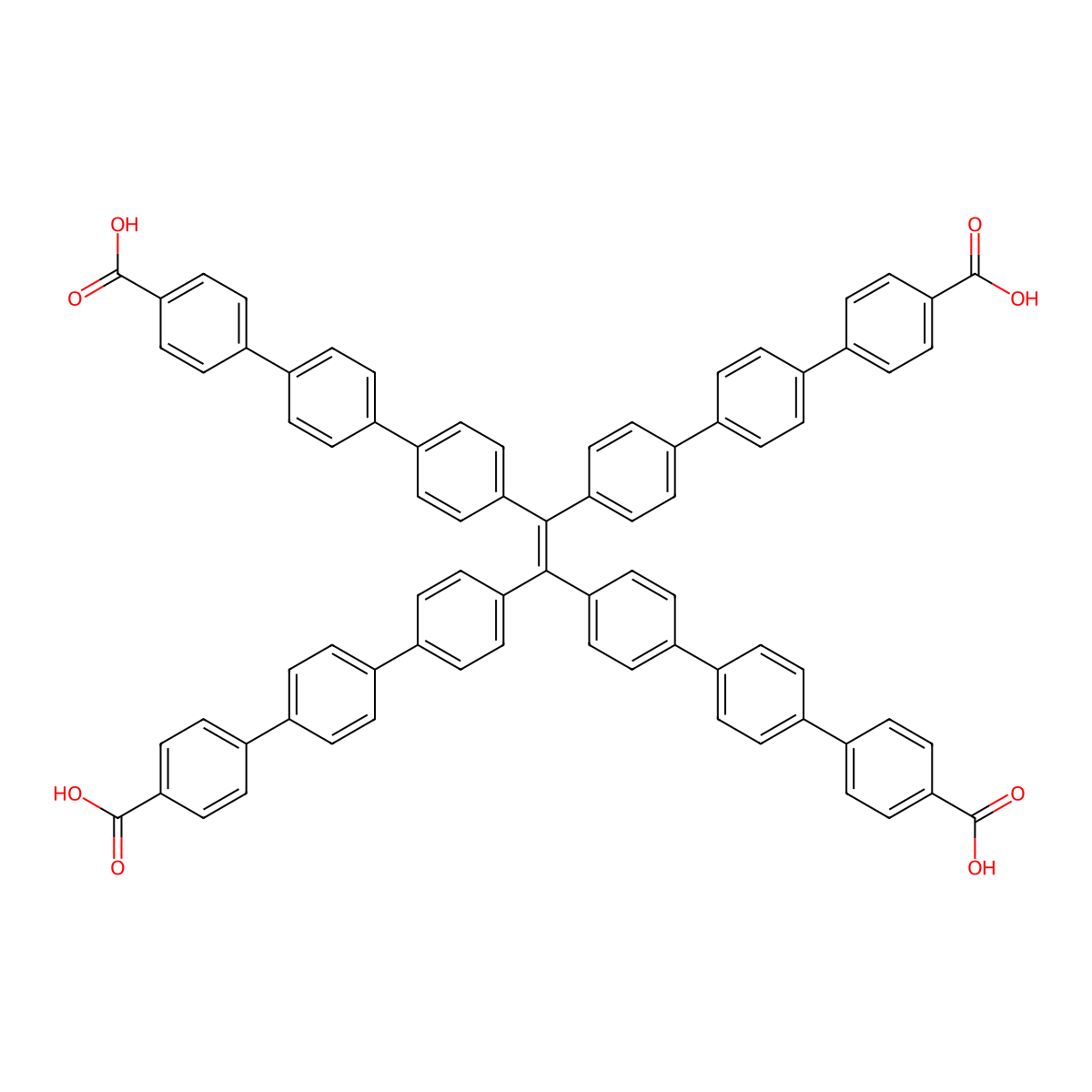 (Ethene-1,1,2,2-tetrayltetrakis([1,1':4',1''-terphenyl]-4'',4-diyl))tetraformic acid molecular structure, CAS 1643112-50-8