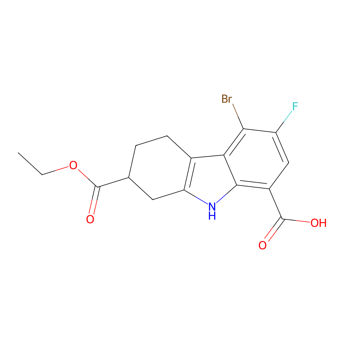 4-bromo-7-ethoxycarbonyl-3-fluoro-6,7,8,9-tetrahydro-5H-carbazole-1-carboxylic acid molecular structure, CAS 1643156-19-7