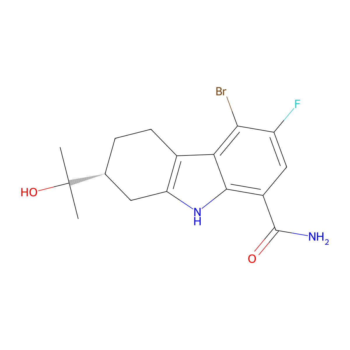 (2R)-5-bromo-6-fluoro-2-(2-hydroxypropan-2-yl)-2,3,4,9-tetrahydro-1H-carbazole-8-carboxamide molecular structure, CAS 1643156-22-2