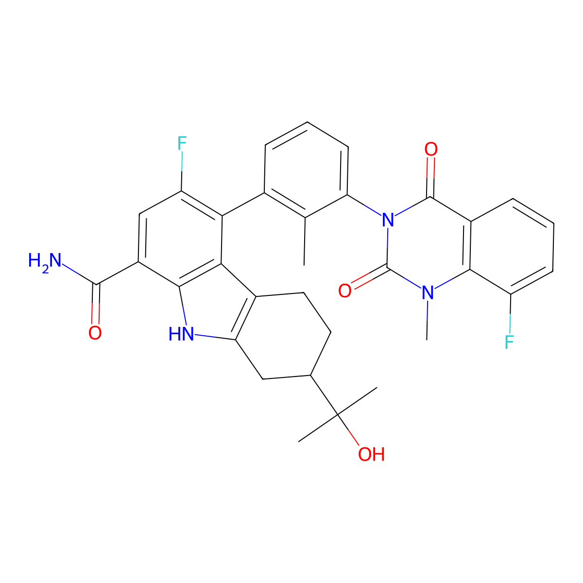 3-fluoro-4-[3-(8-fluoro-1-methyl-2,4-dioxo-quinazolin-3-yl)-2-methyl-phenyl]-7-(1-hydroxy-1-methyl-ethyl)-6,7,8,9-tetrahydro-5H-carbazole-1-carboxamide molecular structure, CAS 1643368-59-5