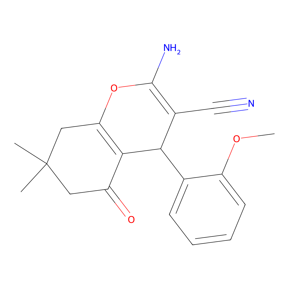2-amino-4-(2-methoxyphenyl)-7,7-dimethyl-5-oxo-5,6,7,8-tetrahydro-4H-chromene-3-carbonitrile molecular structure, CAS 164410-71-3