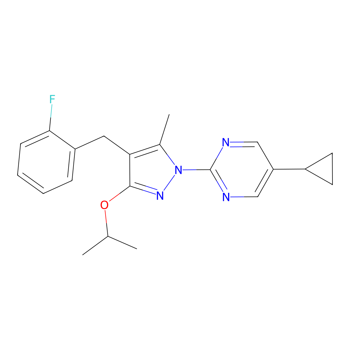 5-cyclopropyl-2-{4-[(2-fluorophenyl)methyl]-5-methyl-3-(propan-2-yloxy)-1H-pyrazol-1-yl}pyrimidine molecular structure, CAS 1644156-41-1