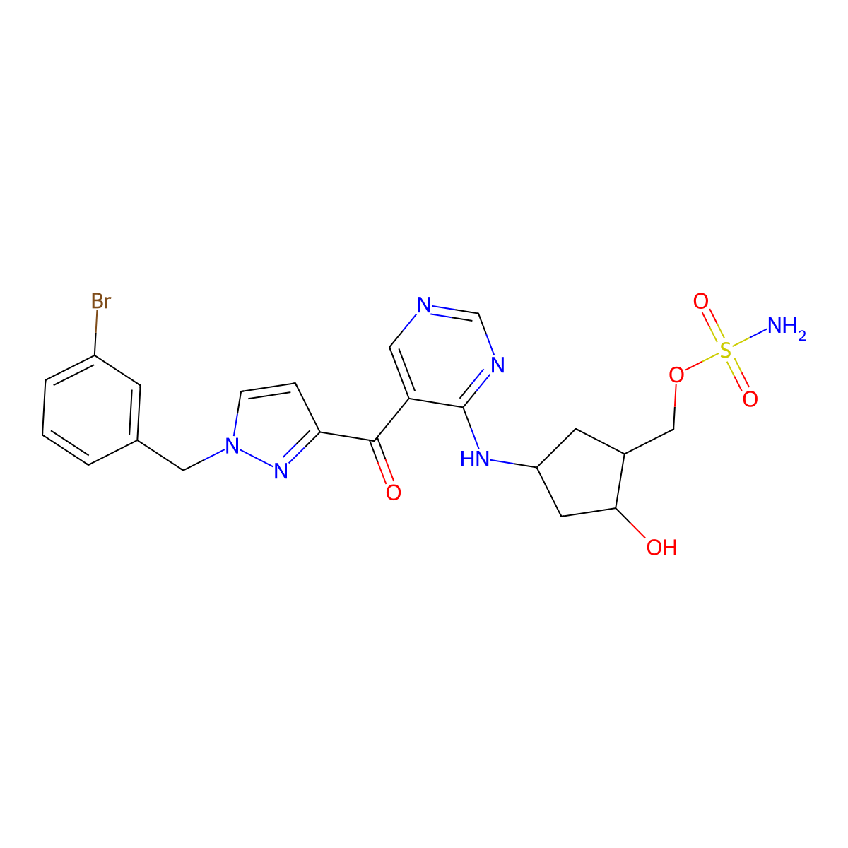 sulfamic acid, ((1R,2S,4R)-4-((5-((1-((3-bromophenyl)methyl)-1H-pyrazol-3-yl)carbonyl)-4-pyrimidinyl)amino)-2-hydroxycyclopentyl)methyl ester molecular structure, CAS 1644342-14-2