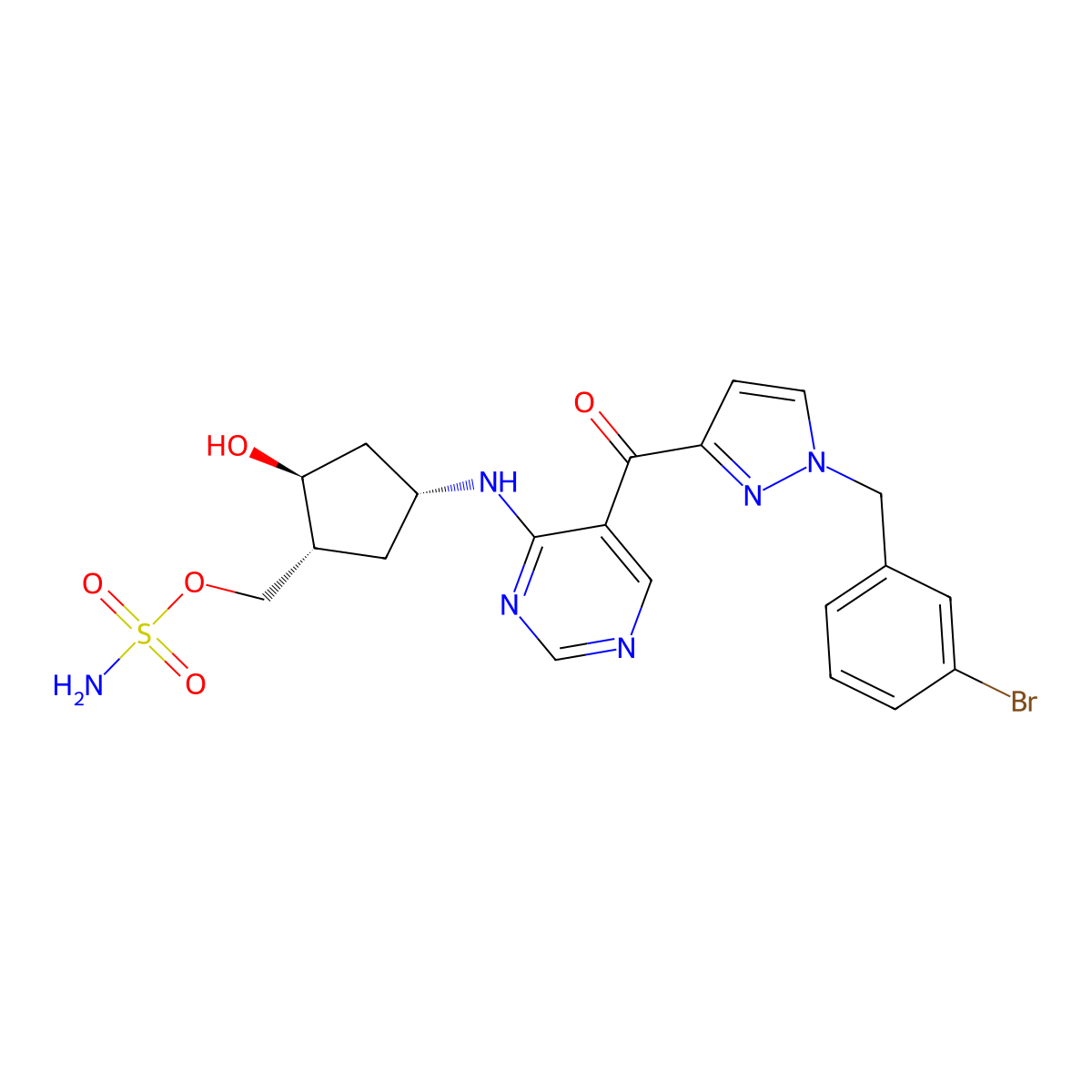 sulfamic acid, ((1R,2S,4R)-4-((5-((1-((3-bromophenyl)methyl)-1H-pyrazol-3-yl)carbonyl)-4-pyrimidinyl)amino)-2-hydroxycyclopentyl)methyl ester molecular structure, CAS 1644342-14-2