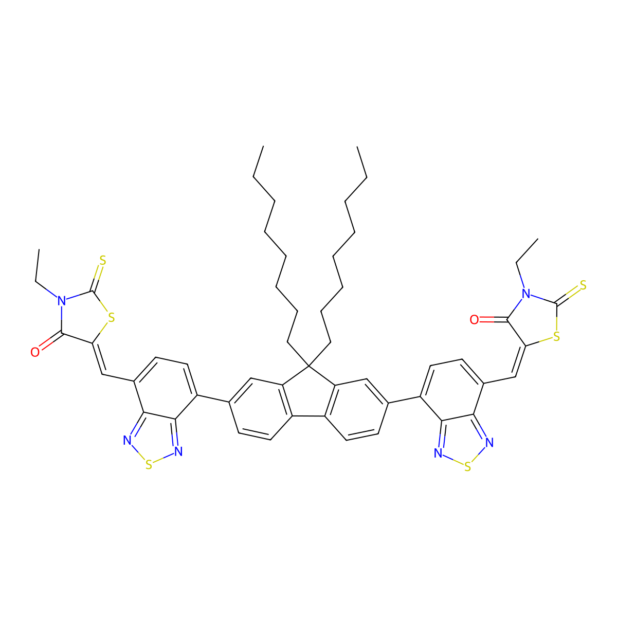 3-Ethyl-5-[[4-[7-[7-[(3-ethyl-4-oxo-2-sulfanylidene-1,3-thiazolidin-5-ylidene)methyl]-2,1,3-benzothiadiazol-4-yl]-9,9-dioctylfluoren-2-yl]-2,1,3-benzothiadiazol-7-yl]methylidene]-2-sulfanylidene-1,3-thiazolidin-4-one molecular structure, CAS 1644381-95-2