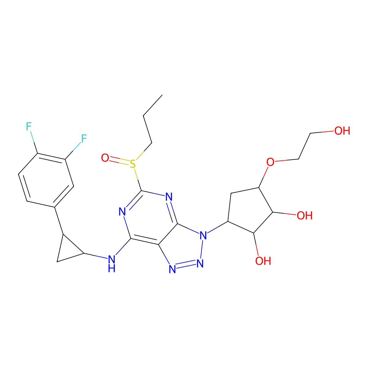 (1S,2S,3R,5S)-3-(7-(((1R,2S)-2-(3,4-Difluorophenyl)cyclopropyl)amino)-5-(propylsulfinyl)-3H-1,2,3-triazolo(4,5-d)pyrimidin-3-yl)-5-(2-hydroxyethoxy)-1,2-cyclopentanediol molecular structure, CAS 1644461-85-7