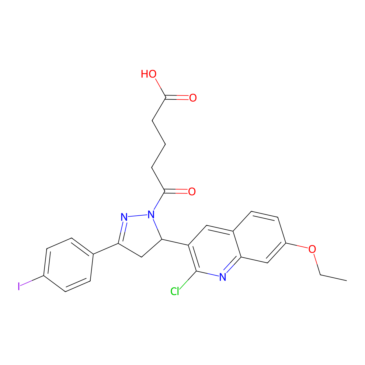5-(5-(2-chloro-7-ethoxyquinolin-3-yl)-3-(4-iodophenyl)-4,5-dihydro-1H-pyrazol-1-yl)-5-oxopentanoic acid molecular structure, CAS 1644626-43-6