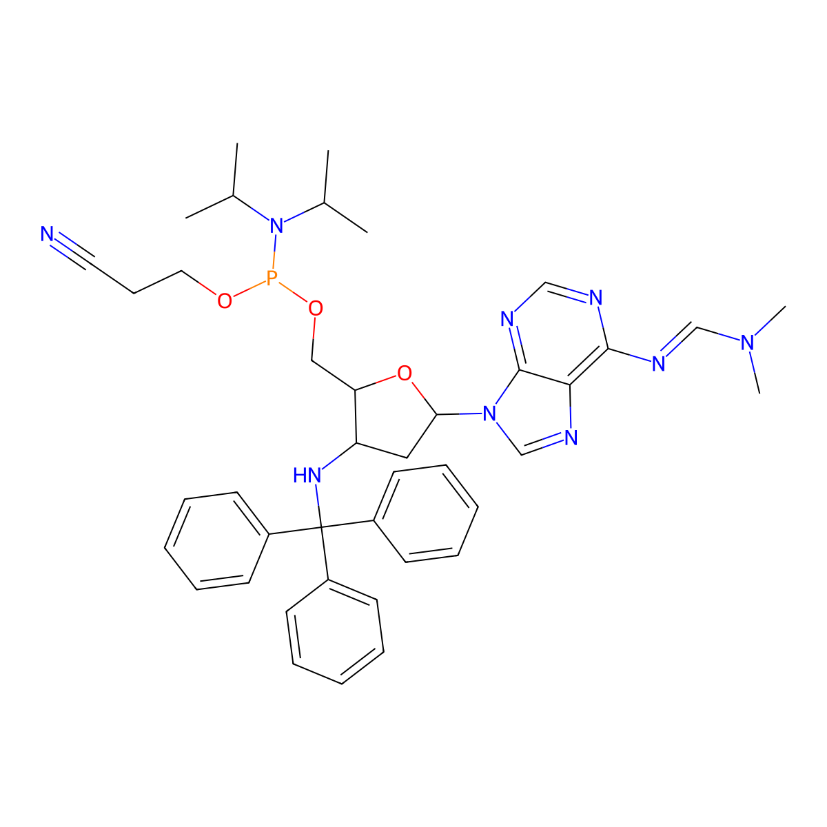 2-Cyanoethyl (((2S,3S,5R)-5-(6-(((dimethylamino)methylene)amino)-9H-purin-9-yl)-3-(tritylamino)tetrahydrofuran-2-yl)methyl) diisopropylphosphoramidite molecular structure, CAS 1644649-86-4