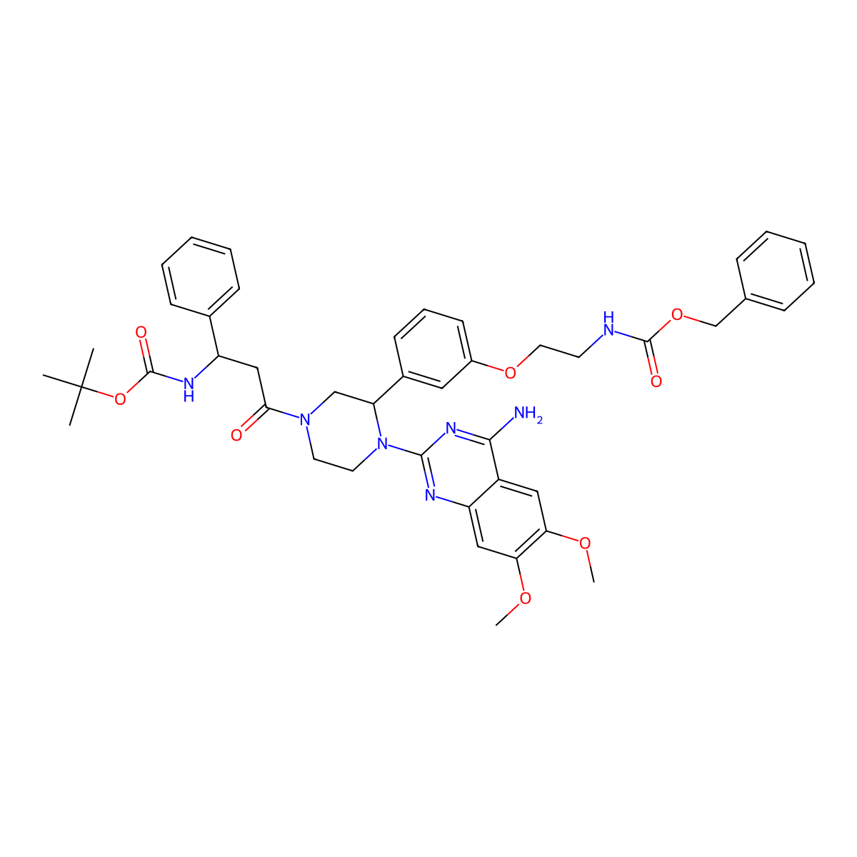 benzyl (2-(3-((R)-1-(4-amino-6,7-dimethoxyquinazolin-2-yl)-4-((R)-3-((tert-butoxycarbonyl)amino)-3-phenylpropanoyl)piperazin-2-yl)phenoxy)ethyl)carbamate molecular structure, CAS 1644670-77-8