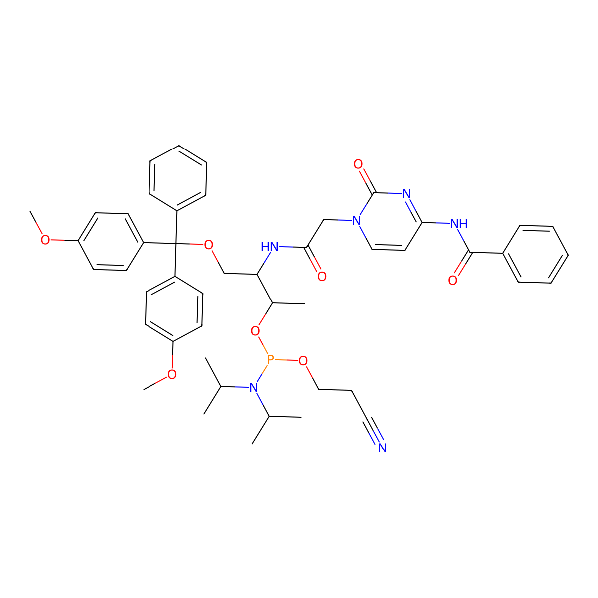(2R,3R)-3-(2-(4-Benzamido-2-oxopyrimidin-1(2H)-yl)acetamido)-4-(bis(4-methoxyphenyl)(phenyl)methoxy)butan-2-yl (2-cyanoethyl) diisopropylphosphoramidite molecular structure, CAS 1645298-29-8