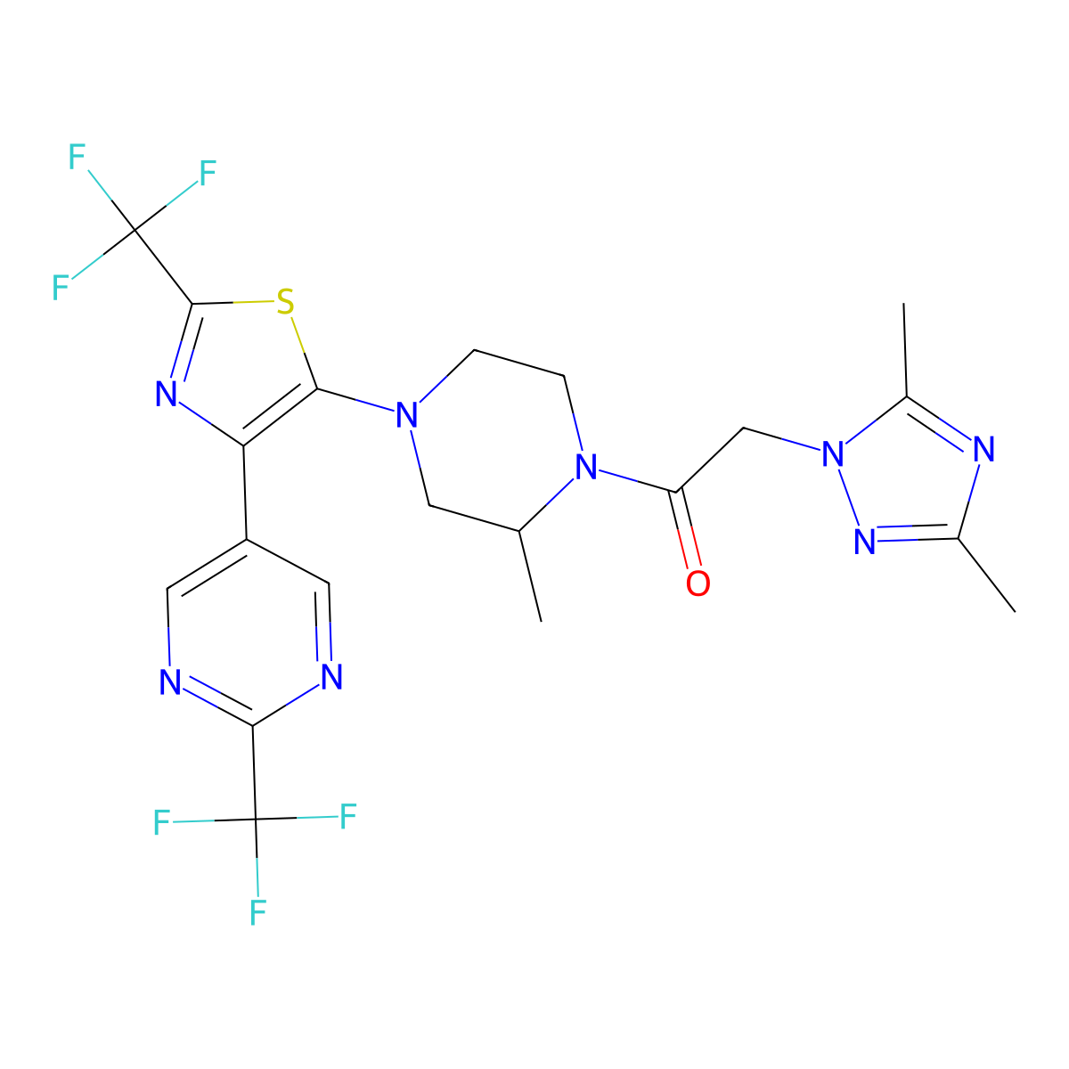 2-(3,5-dimethyl-1,2,4-triazol-1-yl)-1-[(2R)-2-methyl-4-[2-(trifluoromethyl)-4-[2-(trifluoromethyl)pyrimidin-5-yl]-1,3-thiazol-5-yl]piperazin-1-yl]ethanone molecular structure, CAS 1646267-59-5