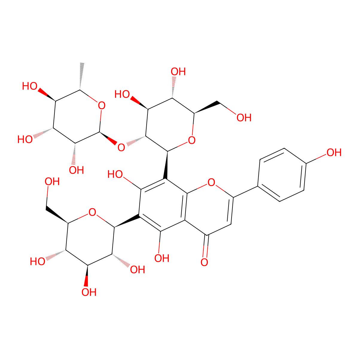 8-[(2S,3R,4S,5S,6R)-4,5-dihydroxy-6-(hydroxymethyl)-3-{[(2S,3R,4R,5R,6S)-3,4,5-trihydroxy-6-methyloxan-2-yl]oxy}oxan-2-yl]-5,7-dihydroxy-2-(4-hydroxyphenyl)-6-[(2S,3R,4R,5S,6R)-3,4,5-trihydroxy-6-(hydroxymethyl)oxan-2-yl]-4H-chromen-4-one molecular structure, CAS 1646598-06-2