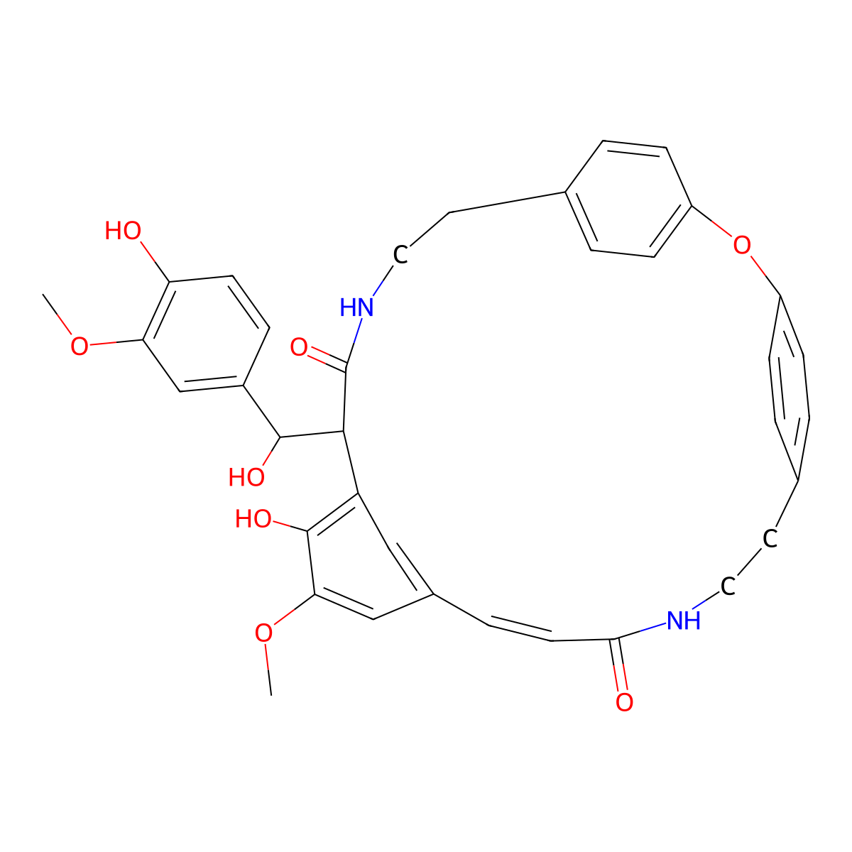 13-Hydroxy-11-[hydroxy-(4-hydroxy-3-methoxyphenyl)methyl]-14-methoxy-2-oxa-9,20-diazatetracyclo[21.2.2.23,6.112,16]triaconta-1(25),3(30),4,6(29),12,14,16(28),17,23,26-decaene-10,19-dione molecular structure, CAS 1647111-41-8
