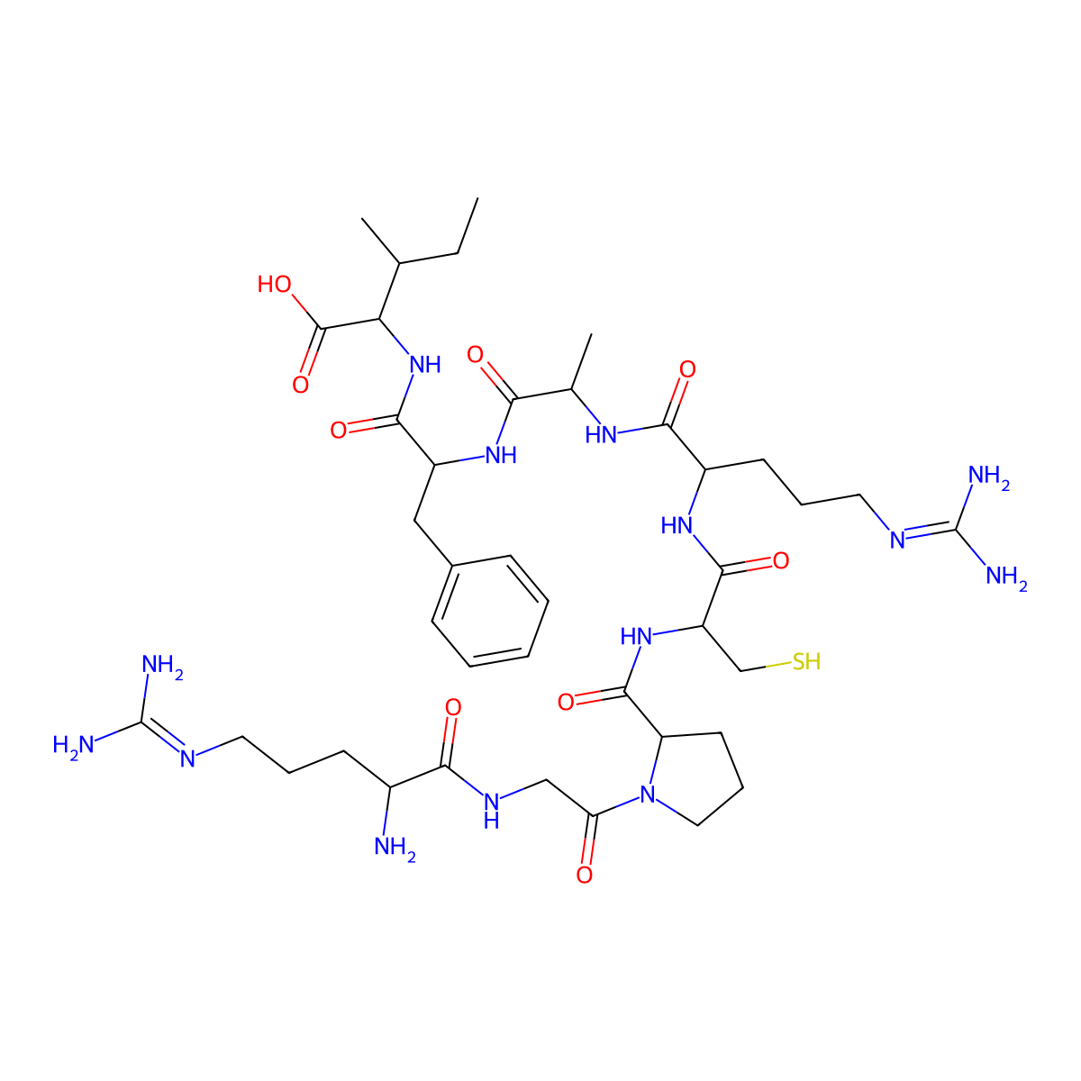(2S,3S)-2-[[(2S)-2-[[(2S)-2-[[(2S)-2-[[(2R)-2-[[(2S)-1-[2-[[(2S)-2-amino-5-(diaminomethylideneamino)pentanoyl]amino]acetyl]pyrrolidine-2-carbonyl]amino]-3-sulfanylpropanoyl]amino]-5-(diaminomethylideneamino)pentanoyl]amino]propanoyl]amino]-3-phenylpropanoyl]amino]-3-methylpentanoic acid molecular structure, CAS 164859-77-2