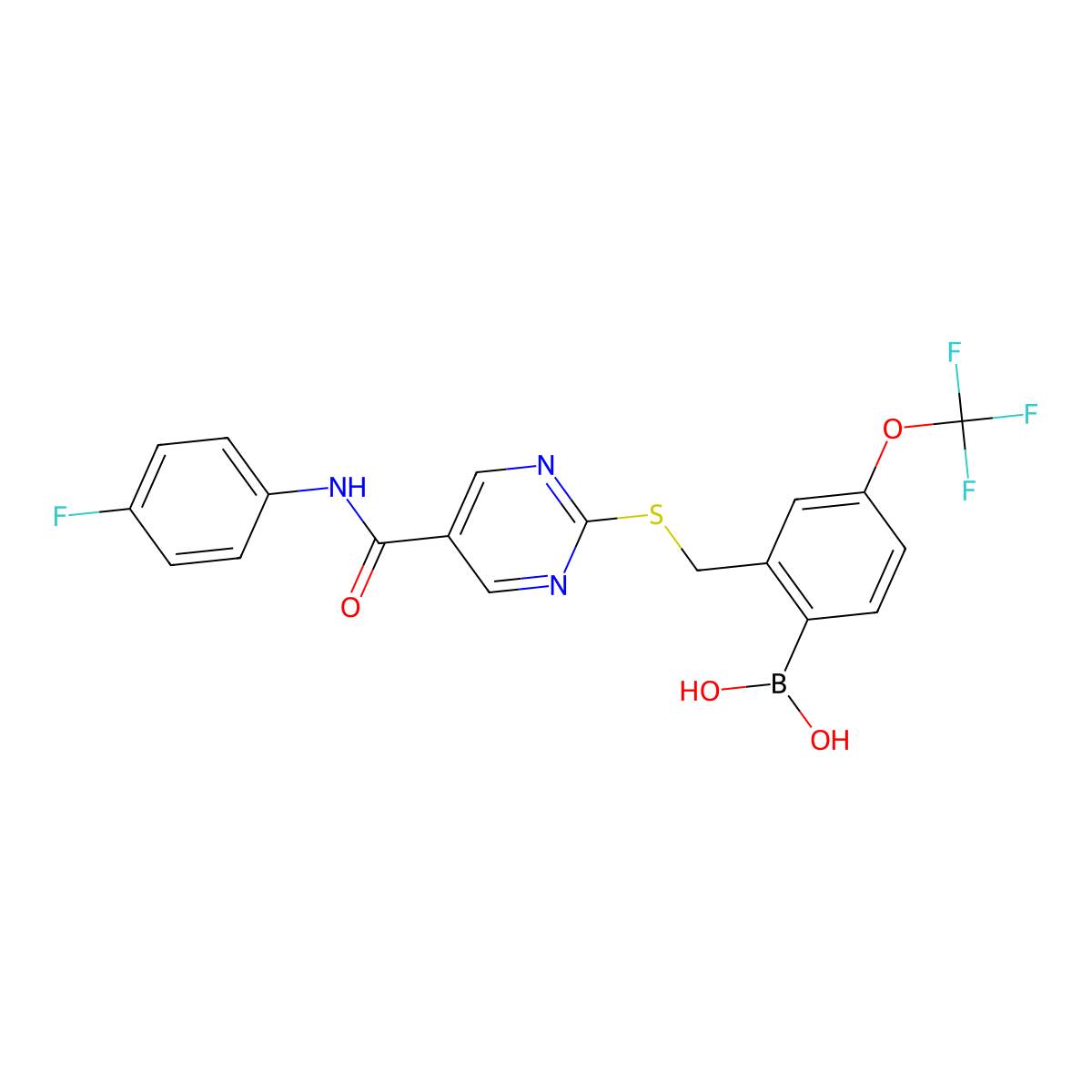 (2-((5-((4-Fluorophenyl)carbamoyl)pyrimidin-2-yl)sulfanylmethyl)-4-(trifluoromethoxy)phenyl)boronic acid molecular structure, CAS 1648843-04-2