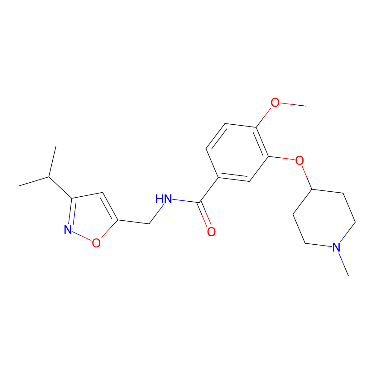 N-((3-isopropylisoxazol-5-yl)methyl)-4-methoxy-3-((1-methylpiperidin-4-yl)oxy)benzamide molecular structure, CAS 1649450-12-3