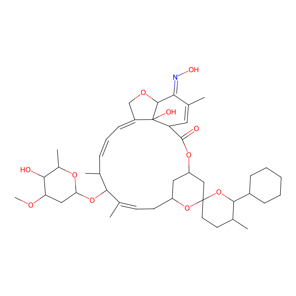(1R,4S,5'S,6R,6'S,8R,12S,13S,20R,24S)-6'-cyclohexyl-24-hydroxy-21-hydroxyimino-12-[(2R,4S,5S,6S)-5-hydroxy-4-methoxy-6-methyloxan-2-yl]oxy-5',11,13,22-tetramethylspiro[3,7,19-trioxatetracyclo[15.6.1.14,8.020,24]pentacosa-10,14,16,22-tetraene-6,2'-oxane]-2-one molecular structure, CAS 165108-07-6