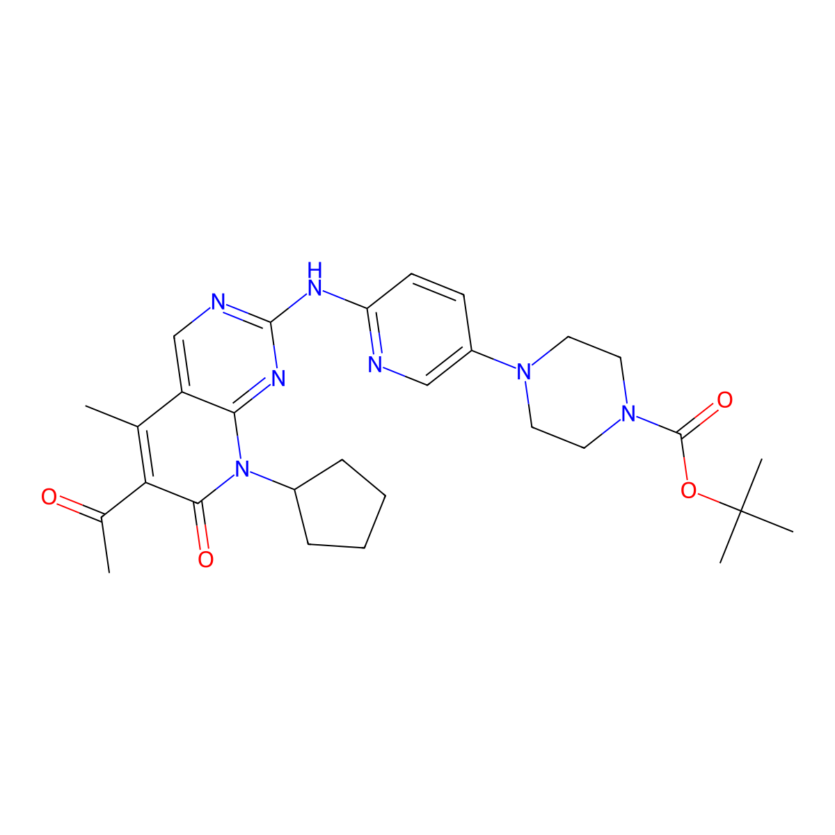 Tert-butyl 4-(6-((6-acetyl-8-cyclopentyl-5-methyl-7-oxo-7,8-dihydropyrido[2,3-d]pyrimidin-2-yl)amino)pyridin-3-yl)piperazine-1-carboxylate molecular structure, CAS 1651214-74-2