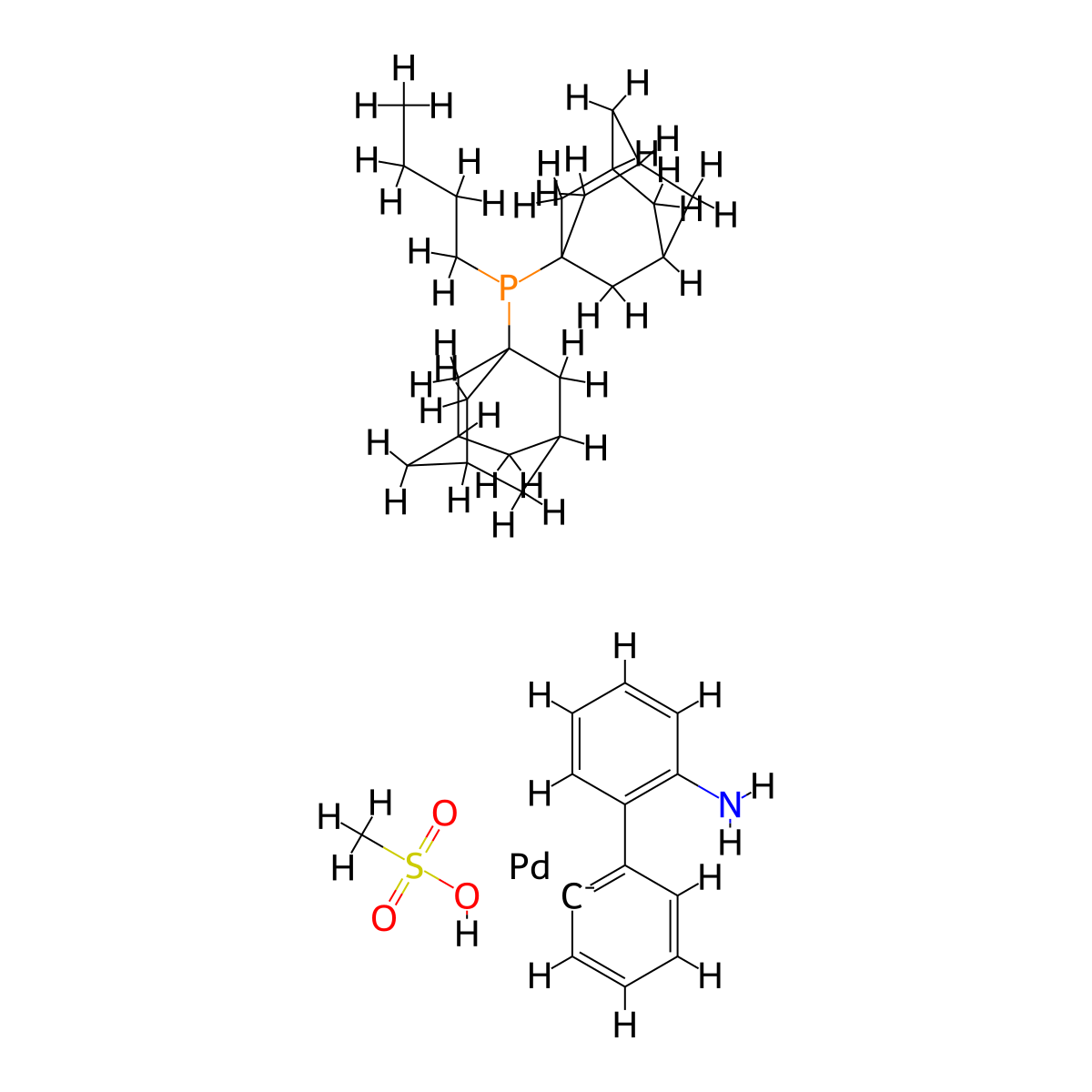 Methanesulfonato(diadamantyl-n-butylphosphino)-2'-amino-1,1'-biphenyl-2-yl)palladium(II) molecular structure, CAS 1651823-59-4